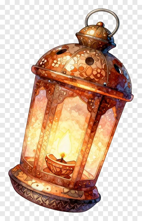 A decorative metal Diwali lantern with a glowing candle inside.