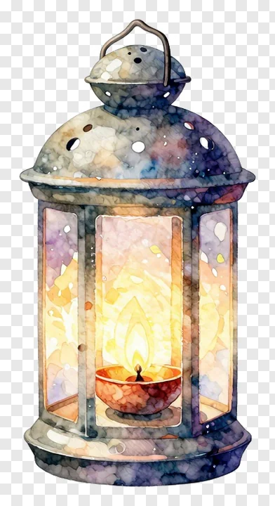 A watercolor-style Diwali lantern with a glowing candle inside.