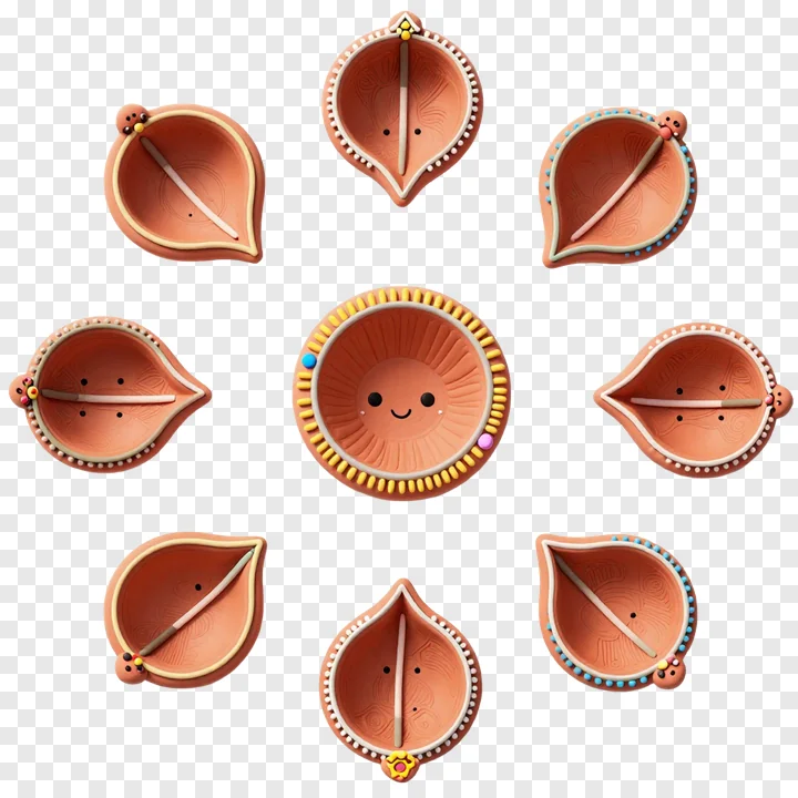 Nine decorated clay diyas arranged in a circle.