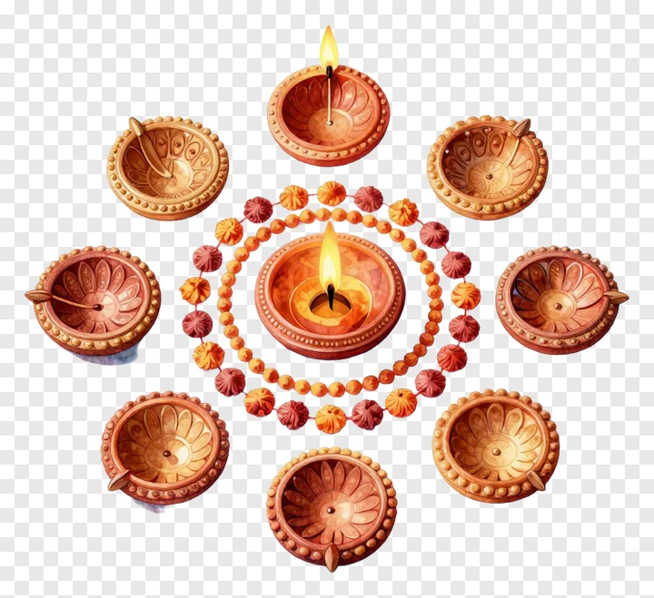 A circular arrangement of terracotta diyas with a beaded garland.