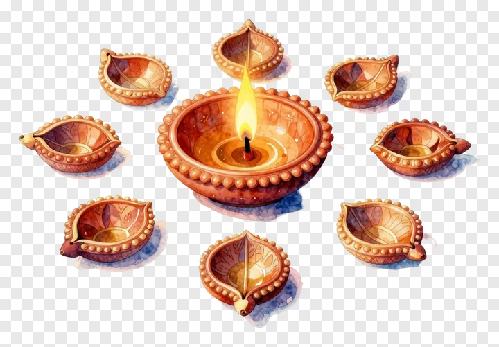 A watercolor illustration of a circle of terracotta diyas with one lit.