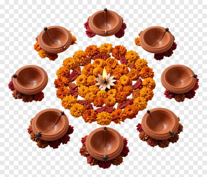 Circular terracotta diya rangoli with marigold flowers and a lit center diya.