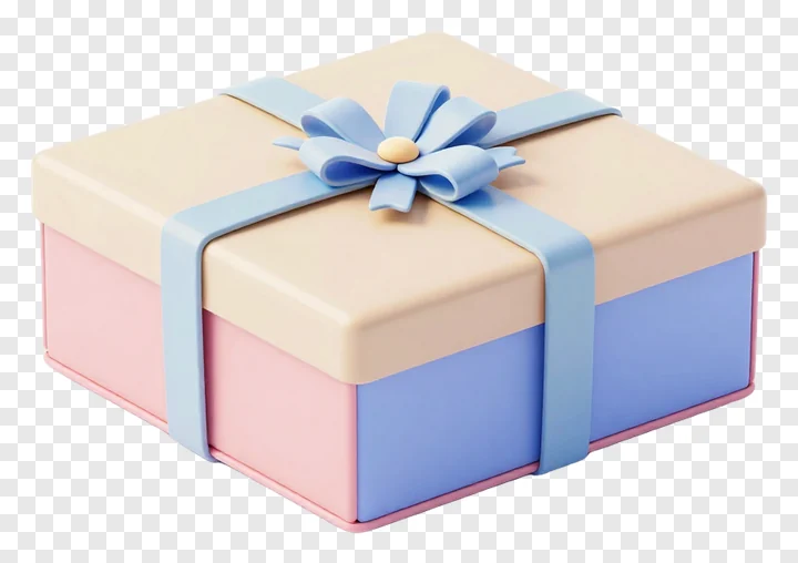 A pastel-colored gift box with a blue bow.