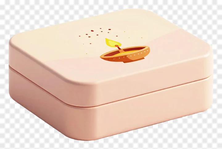 A pink box with a diya design for Diwali sweets.
