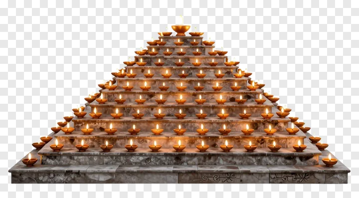 Pyramid of lit diya lamps on stone steps.