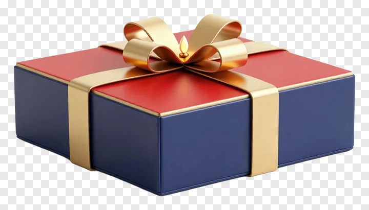 A red and blue gift box with a gold bow.