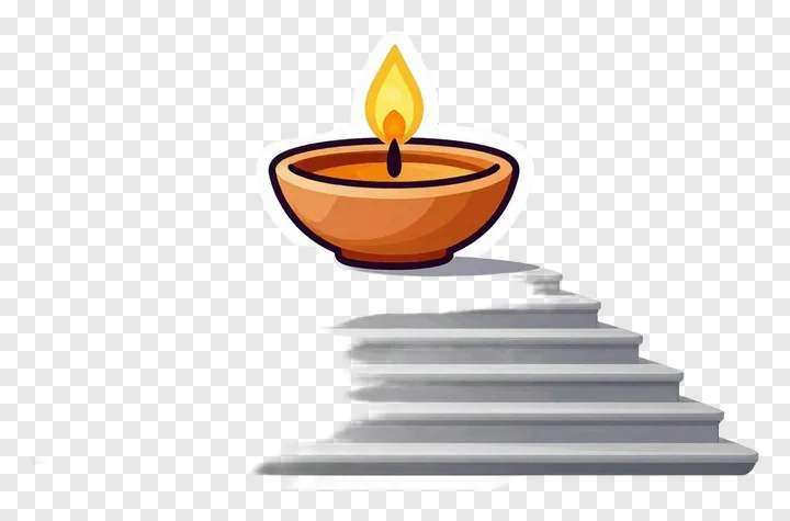 A lit diya on stone steps.