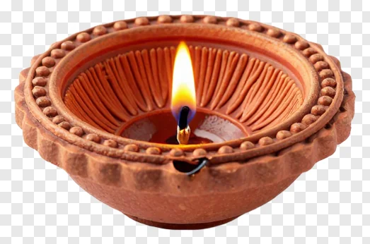 A lit terracotta diwali lantern with flame.