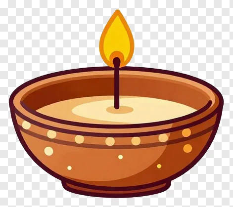 A cartoon-style terracotta oil lamp with a lit wick.