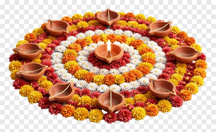 Circular flower rangoli with a lit diya at the center and eight surrounding diyas.