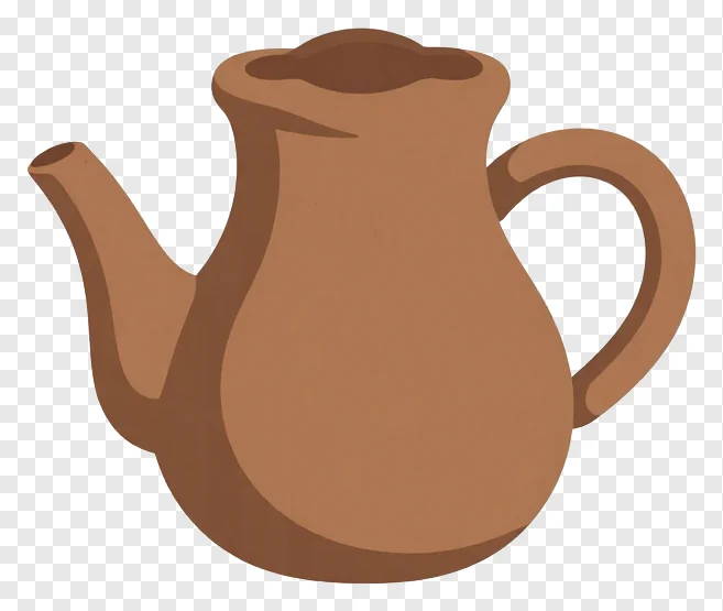 A terracotta diya with a curved handle.