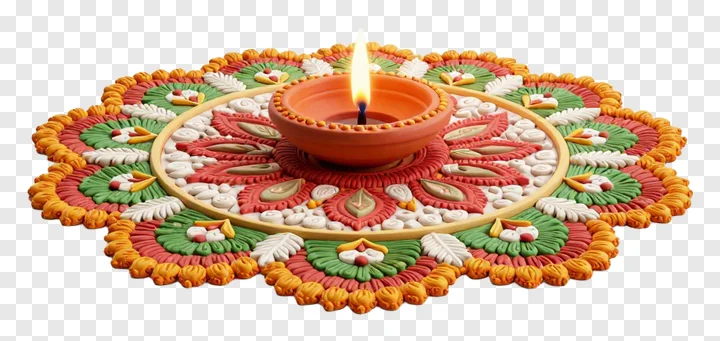 A lit terracotta diya on a colorful rangoli design.