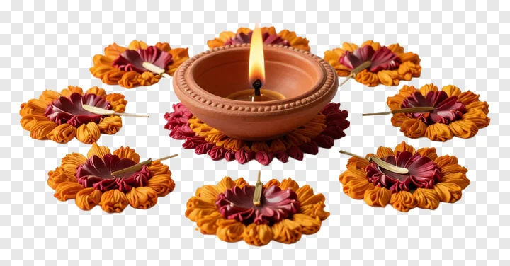 A lit clay diya surrounded by decorative fabric flowers.