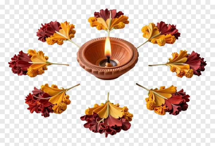 A lit terracotta diya surrounded by ginkgo leaves in a circular rangoli pattern.