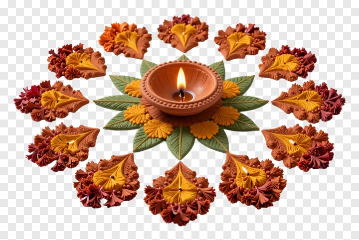 A terracotta diya with a flame, surrounded by clay decorations and green leaves.