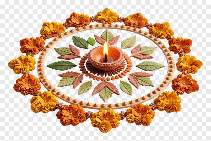 A lit terracotta diya surrounded by a leaf and flower rangoli design.