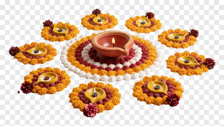 A central lit terracotta diya surrounded by nine smaller diyas on a rangoli.