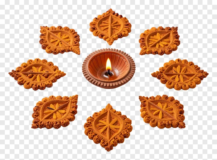 A lit clay diya surrounded by nine decorative rangoli pieces.