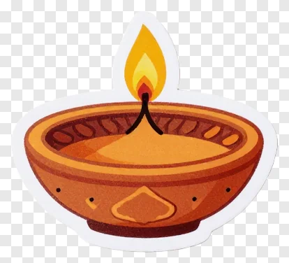 A cartoon terracotta diya with a flame.