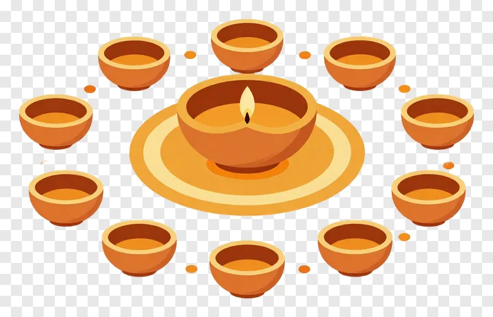 A central lit diya surrounded by seven unlit diyas in a circular pattern.