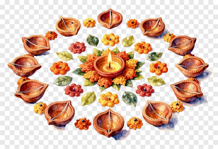 Circular terracotta diya arrangement with flowers and leaves.