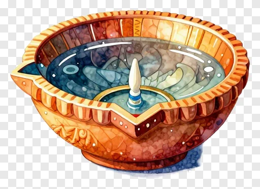 A water diya bowl with an orange ceramic rim and a candle.