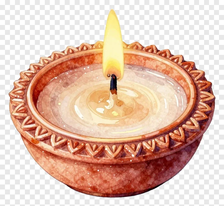 A watercolor-style clay diwali candle with a lit flame.