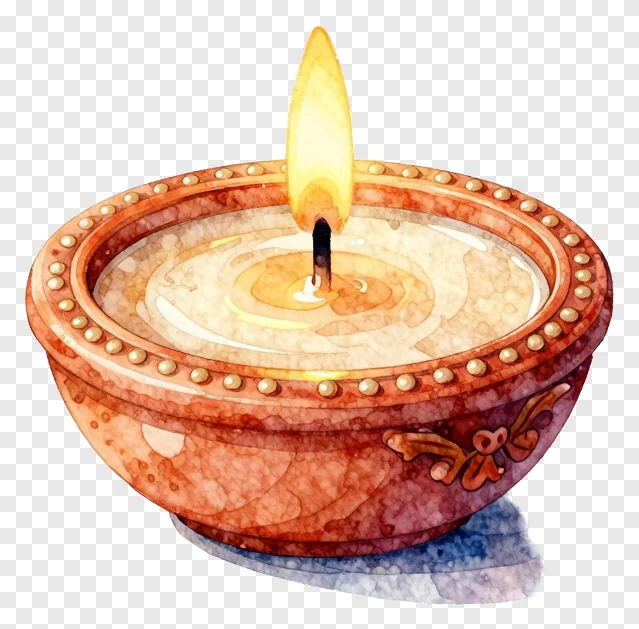 A watercolor diwali candle in a terracotta bowl.