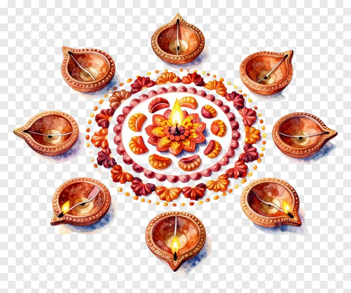 A watercolor-style Diwali rangoli with seven lit diyas arranged in a circle.