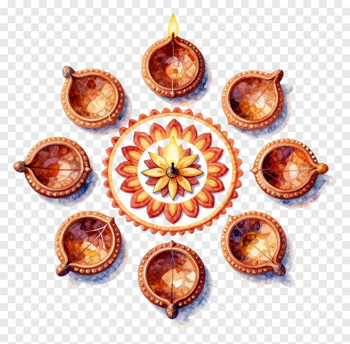A watercolor-style circular rangoli with a central diya and eight surrounding diyas.
