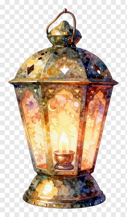 A watercolor-style lantern with a lit candle inside.