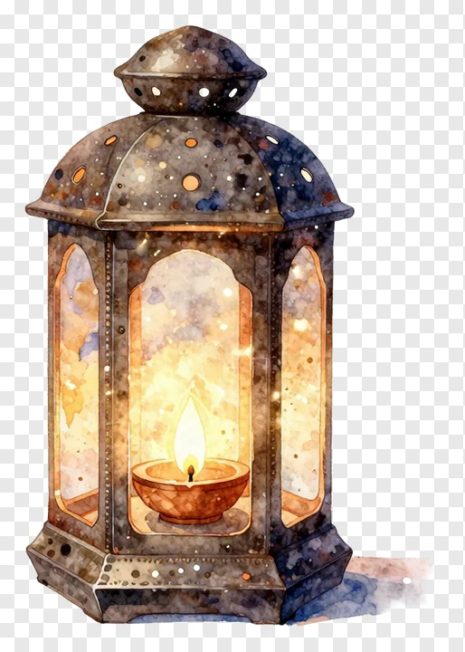 A watercolor-style diwali lantern with a glowing candle inside.