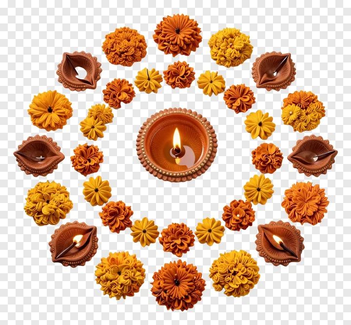 Circular rangoli design with terracotta diyas and marigold flowers.