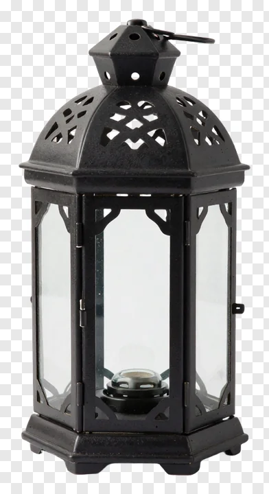 Black ornate lantern with decorative cutouts and glass panels.