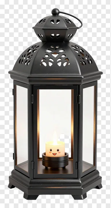Black metal Eid lantern with a smiling candle inside.
