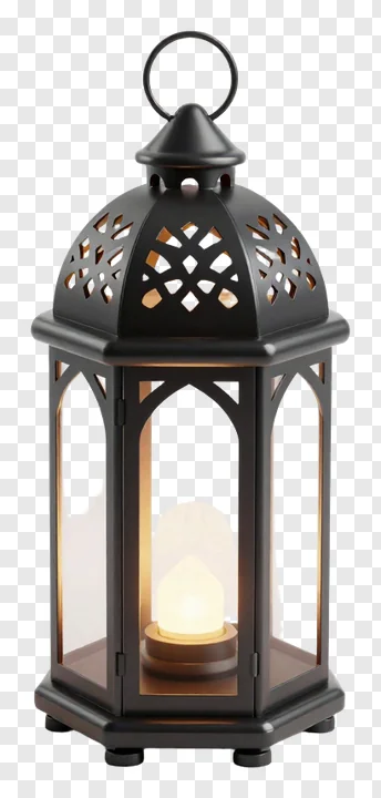 Black metal Ramadan lantern with glowing light inside.