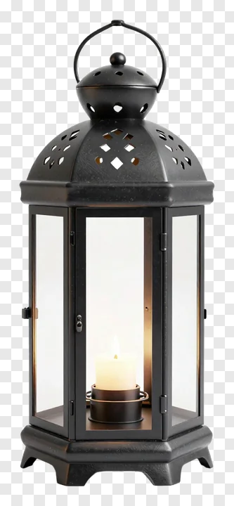 Black ornate lantern with a lit candle inside.