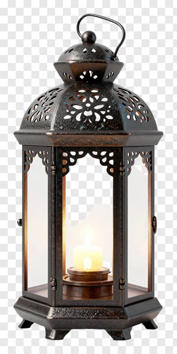 An ornate lantern with a lit candle inside.