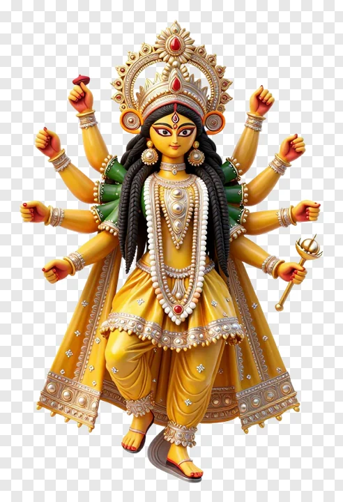 Statue of Goddess Durga with many hands wearing gold garments.