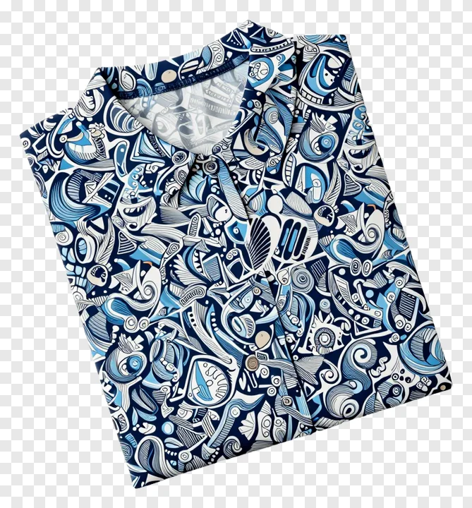 Abstract blue and white festival pattern on folded shirt.