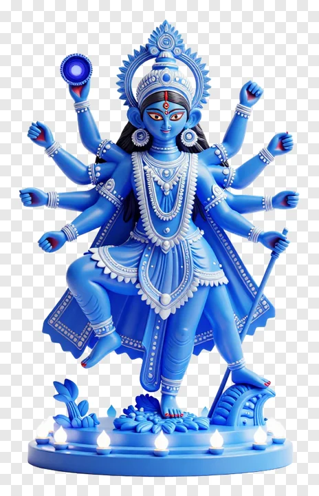 Statue of Goddess Durga in blue, standing on an illuminated pedestal.