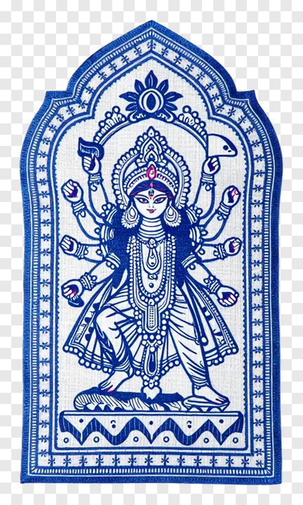 Embroidered blue Durga statue with eight arms and lotus base.