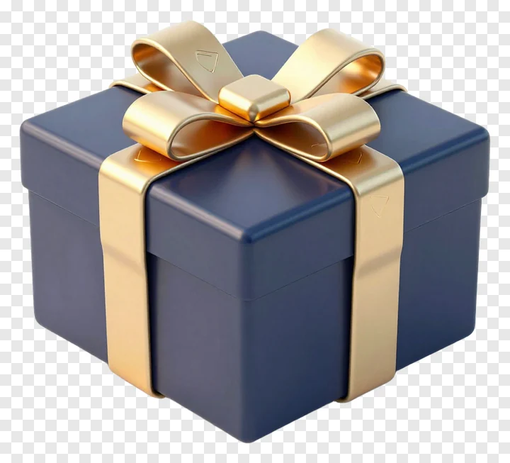 A blue gift box with a gold bow.