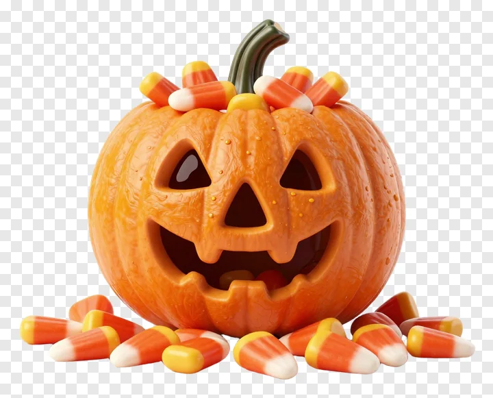 A jack-o-lantern decorated with candy corn.