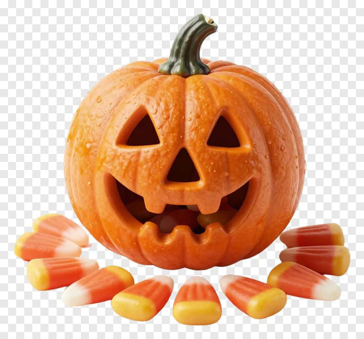A carved pumpkin with candy corn scattered around it.