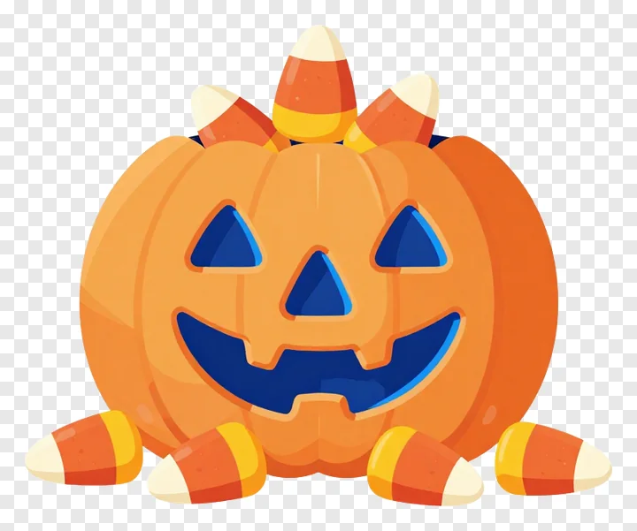 A sitting jack-o-lantern decorated with candy corn.