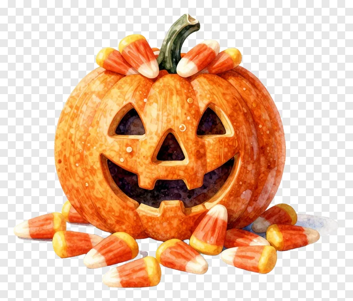 A jack-o-lantern decorated with candy corn.