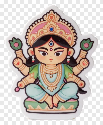 Cartoon goddess Durga holding lotus flowers.