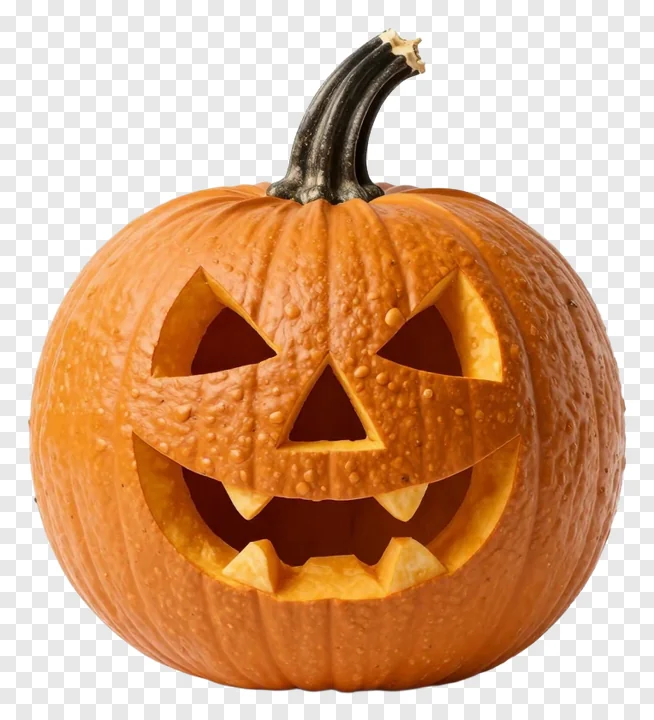 A carved jack-o-lantern pumpkin with a dark stem.
