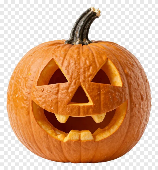 A carved jack-o-lantern pumpkin with a visible stem.